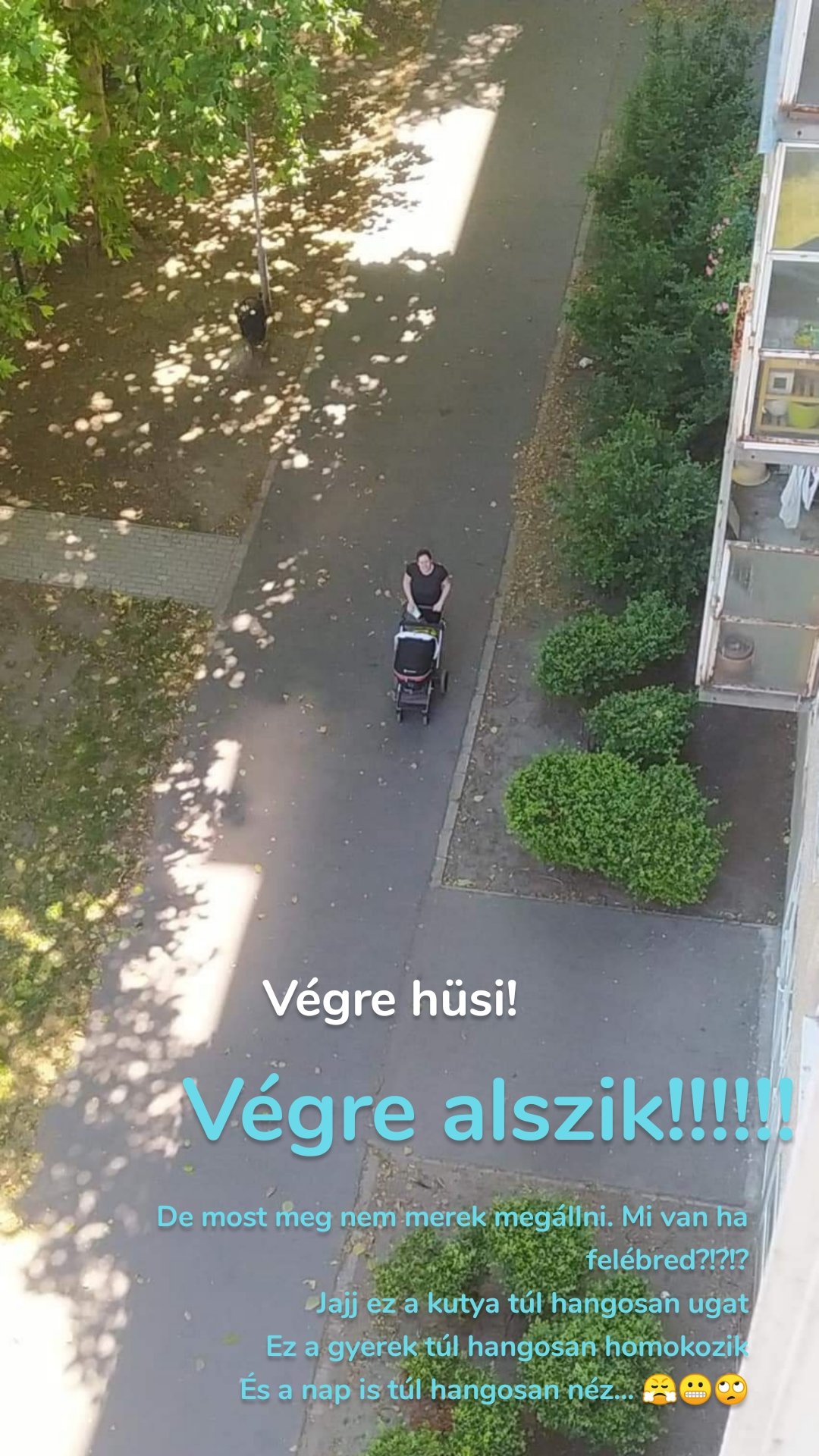 Végre alszik!!!!!! Végre hüsi! De most meg nem merek megállni. Mi van ha felébred?!?!?
Jajj ez a kutya túl hangosan ugat
Ez a gyerek túl hangosan homokozik
És a nap is túl hangosan néz... 😤😬🙄